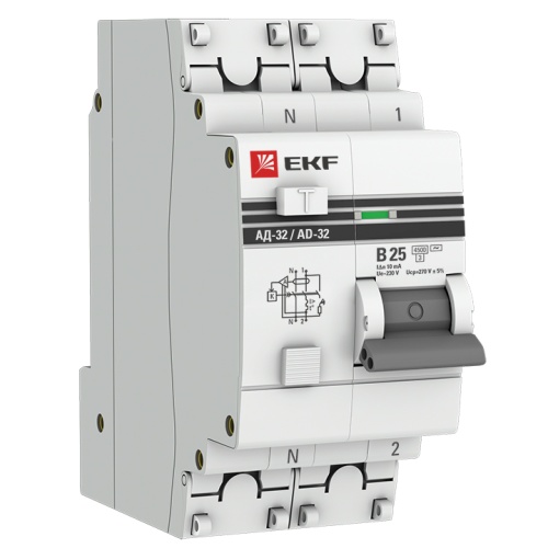 Дифференциальный автомат АД-32 1P+N 25А/10мА (хар, B, AC, электронный, защита 270В) 4,5кА PROxima | код  DA32-25-B-10-pro | EKF